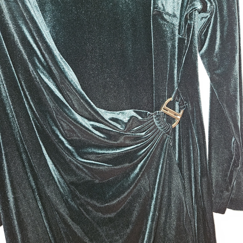 NWOT DKNY Long Sleeve Ruched Bodice Faux Wrap Velvet Midi Dress:Hunter Green: 16 - Picture 8 of 13